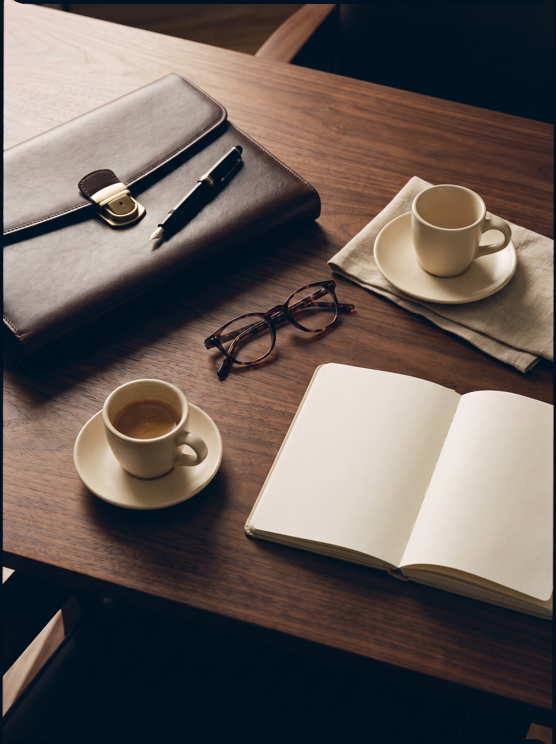 Executive desk with leather portfolio, pen, and notebook
