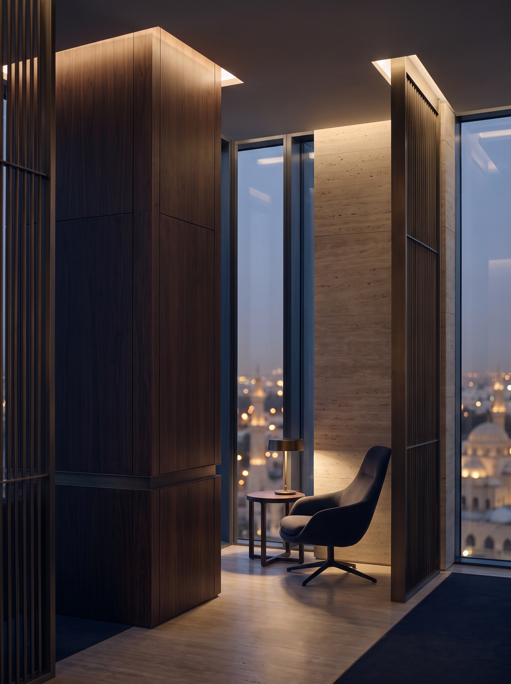 Modern executive interior overlooking a distant city